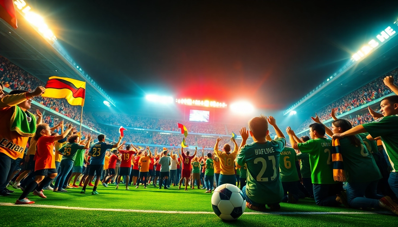 Fans cheering during a judi bola match with vibrant banners and festive lights in the stadium.