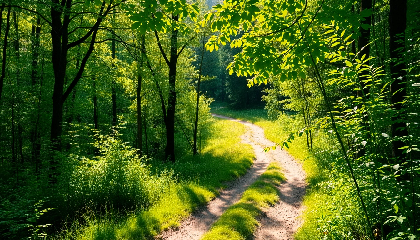 Engage in randonnée along a peaceful trail surrounded by vibrant greenery, inviting nature lovers.