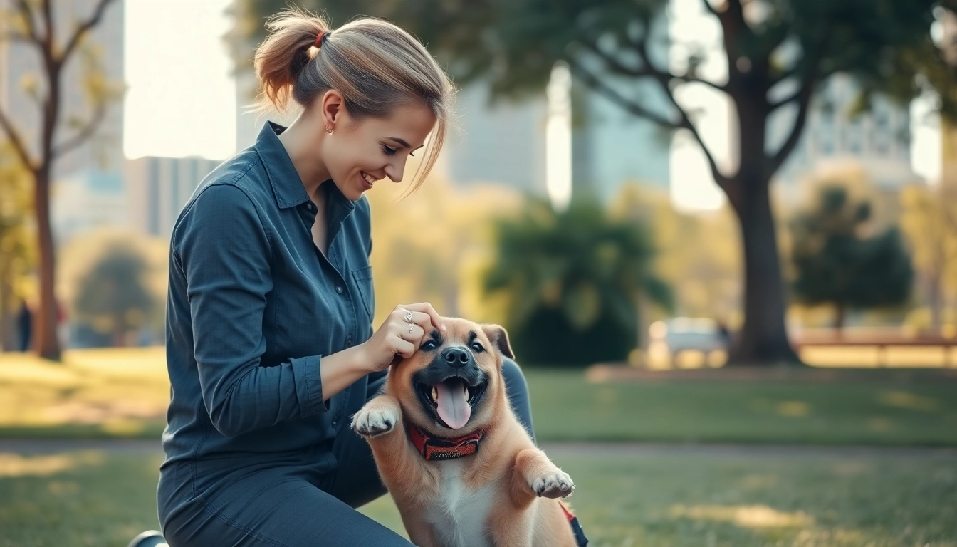 Engaging dog training Houston session with a trainer and a happy puppy in a park environment.