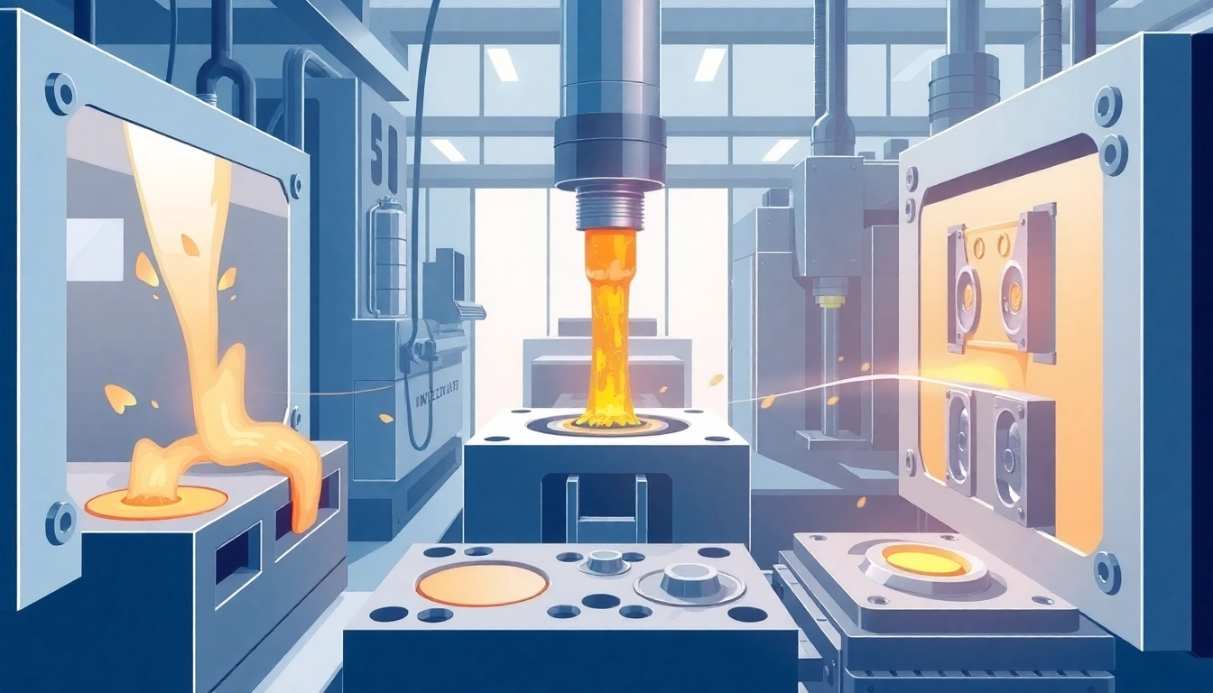 Visual representation of the injection molding process, highlighting molten plastic injection into molds.