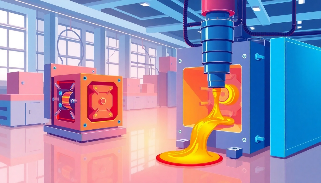 Injection Molding process diagram showing the machinery injecting molten plastic into the mold.