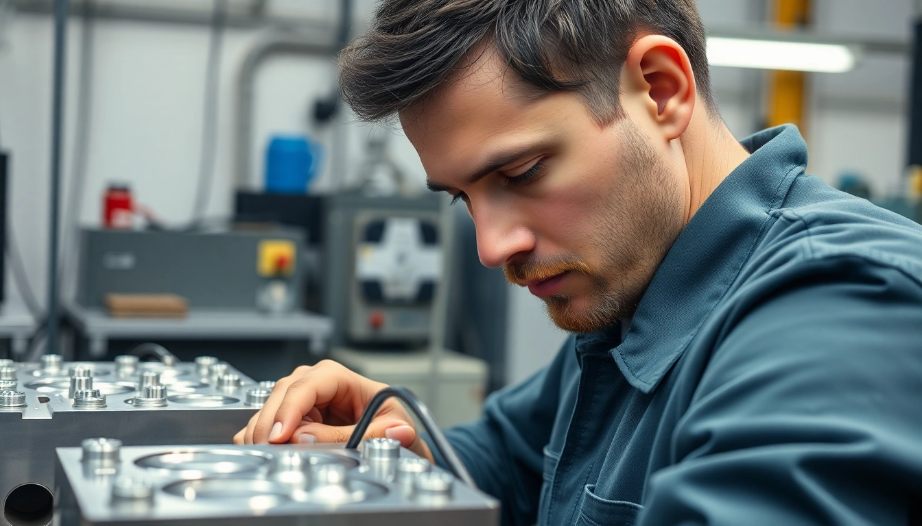 A skilled mold maker for injection molding fabricates precision molds in a bright workshop.