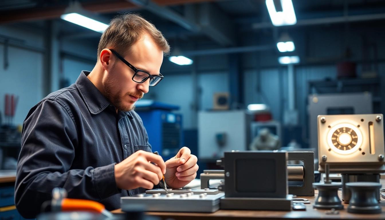 Mold maker for injection molding creates precision molds in a well-lit workshop with intricate tools.