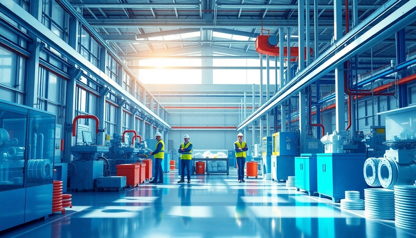 Factory scene demonstrating the manufacture of plastic parts with advanced machinery and professionals at work.