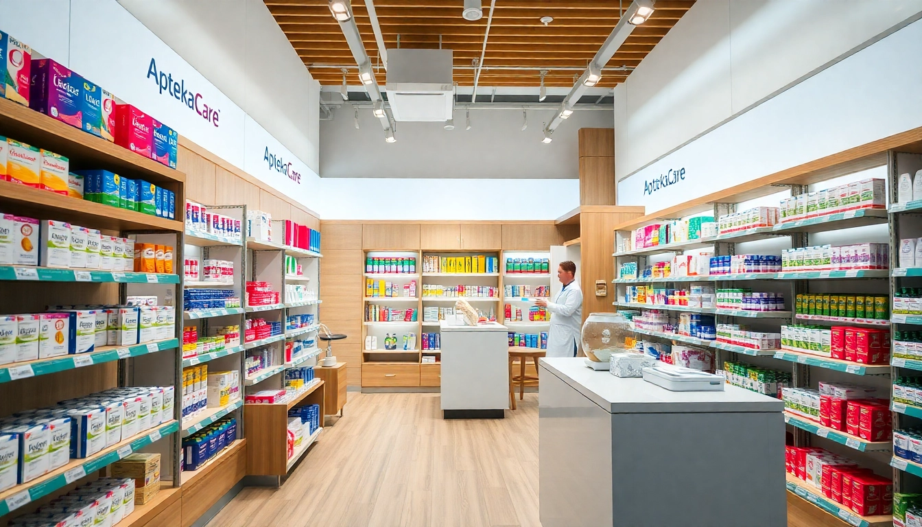 Explore AptekaCare products with a pharmacist assisting customers in a vibrant pharmacy.